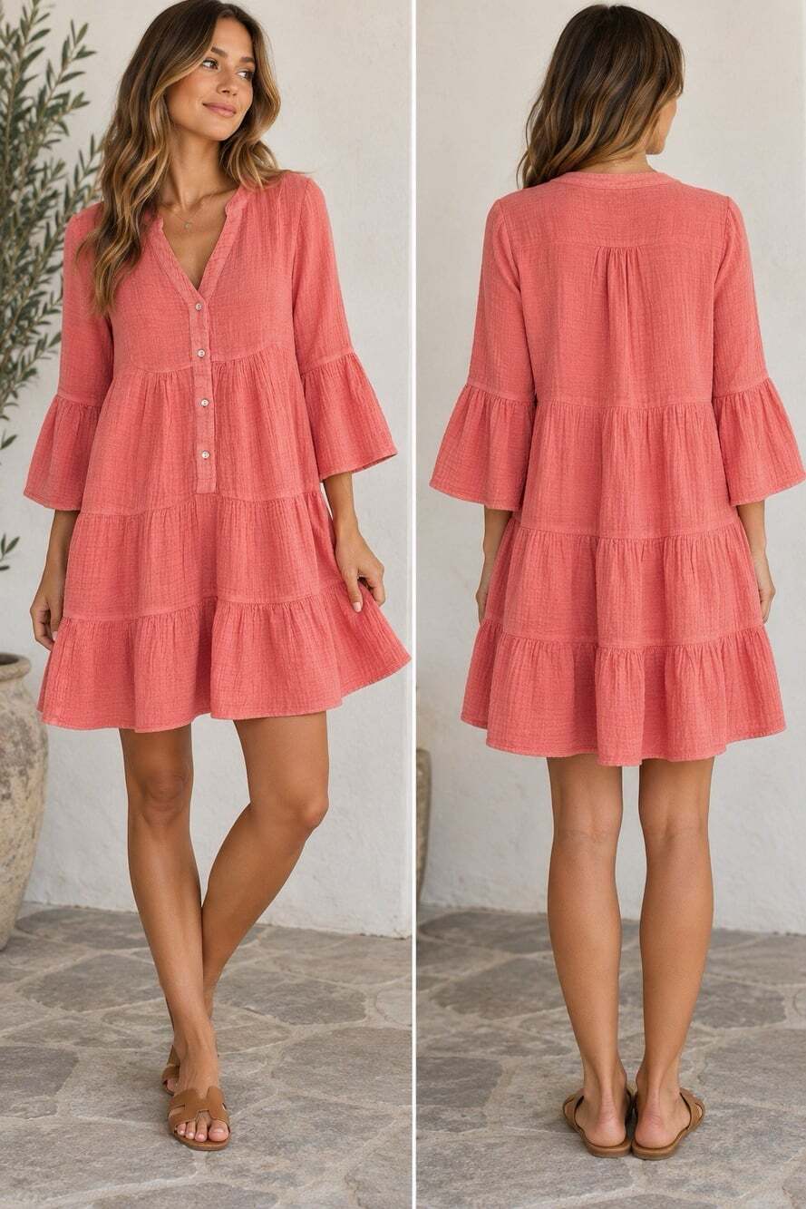 Faherty Dream Cotton Gauze Kasey Dress Coral Pink Tiered Size Small NWT